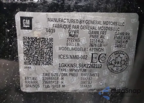 2019 GMC Acadia Sle-2 из США, поврежденный, VIN 1GKKNSLS6KZ262112